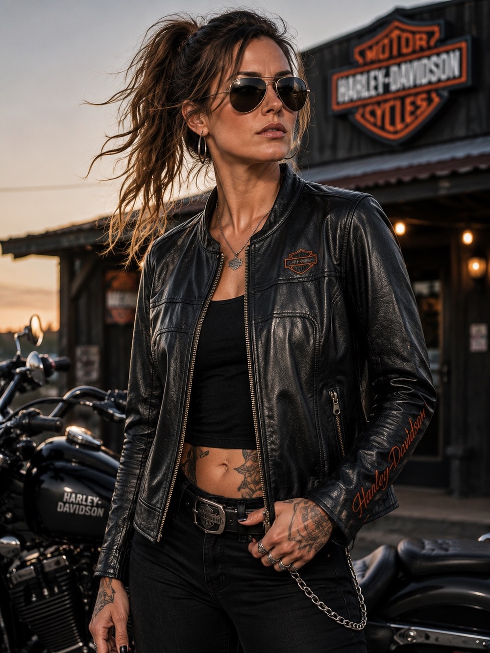 Harley-Davidson Black Leather Motorcycle Jacket Orange Embroidery